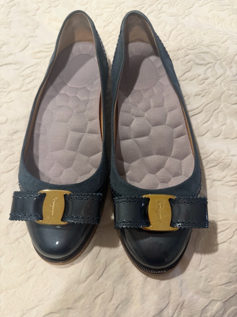 Salvatore Ferragamo Navy Patent & Suede Vara Bow Flats